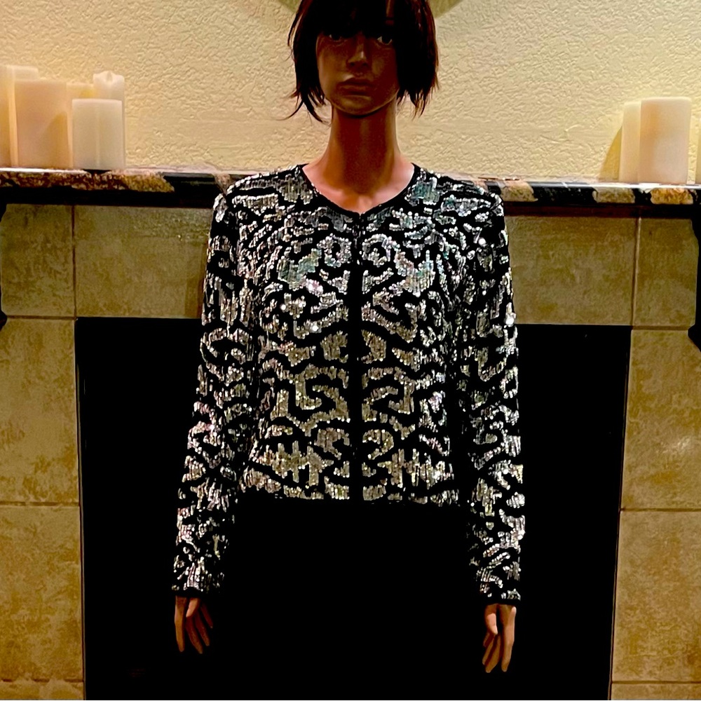Vintage Laurence Kazar black/silver sequin silk jacket with beaded trim, size M